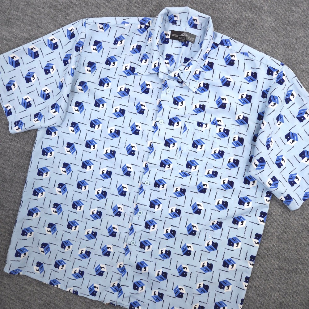 Vintage Southpole Shirt Mens XL Blue Geometric Cube AOP Polyester Short Sleeve